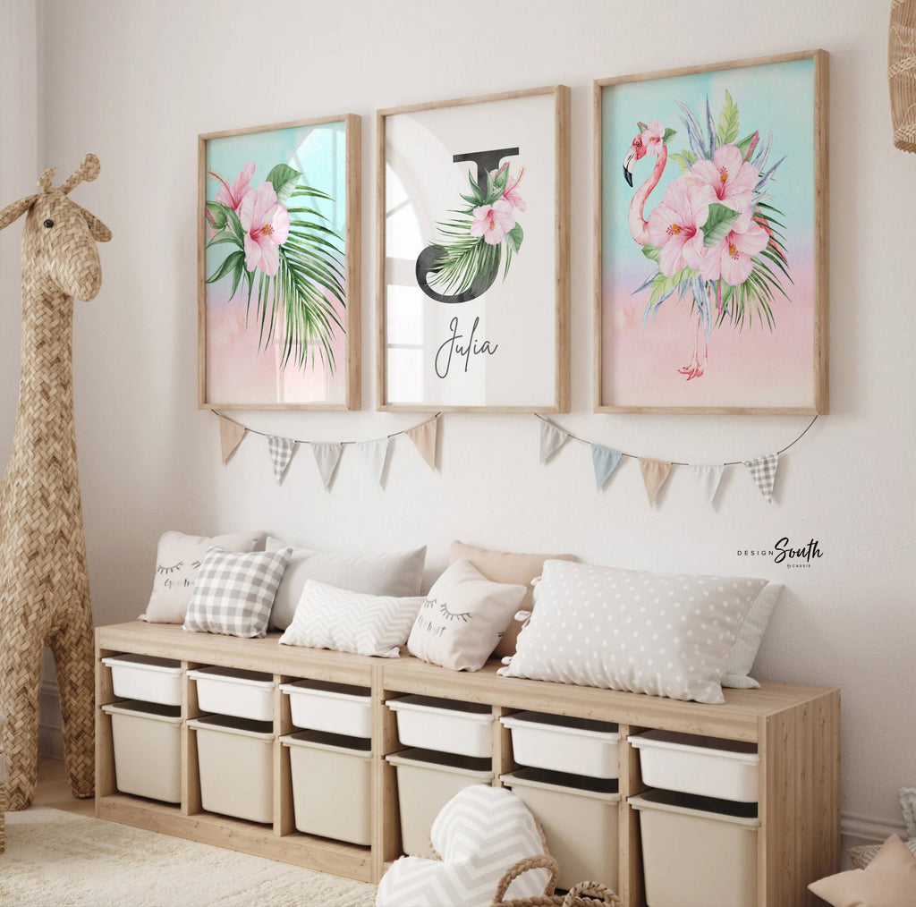 Tropical girl nursery, flamingo baby room decor, personalized monogram tropical flamingo, wall art set tropical newborn, baby shower gift