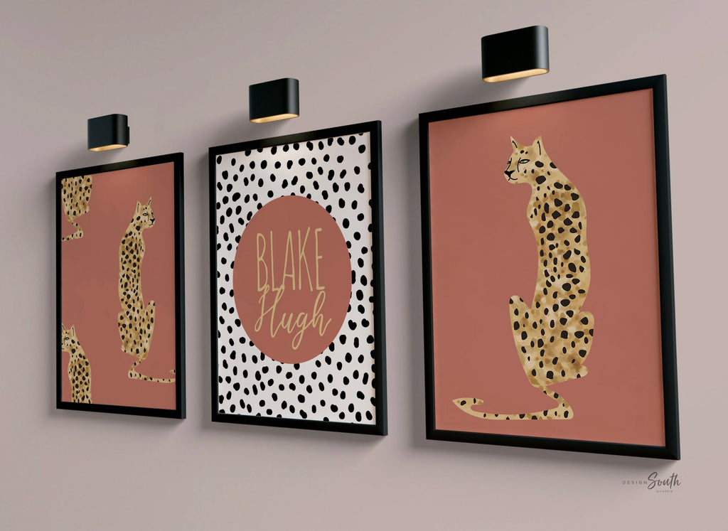 Boho terracotta vintage art, leopard cheetah prints, terracotta jungle cheetah, neutral vintage safari nursery art personalized name animal
