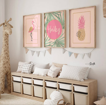 Pink gold flamingo nursery decor, girls nursery decor pink and gold, tropical nursery theme, girls tropical bedroom, wall decor pink gold