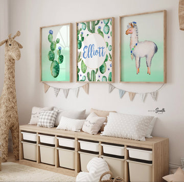 Green cactus baby shower gift, baby boy cactus theme personalized, southwest watercolor cactus boys room art prints, blue and mint kids art