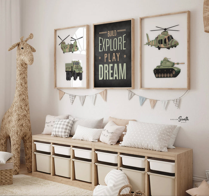 Army vehicles boys wall art set, soldier military tank truck helicopter, boys bedroom wall art print decor army marine troop, playroom army