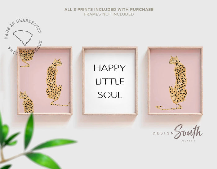 Happy little soul, art print quote happy little soul, cheetah wild modern print set for baby child, pink cheetah print nursery bedroom girls