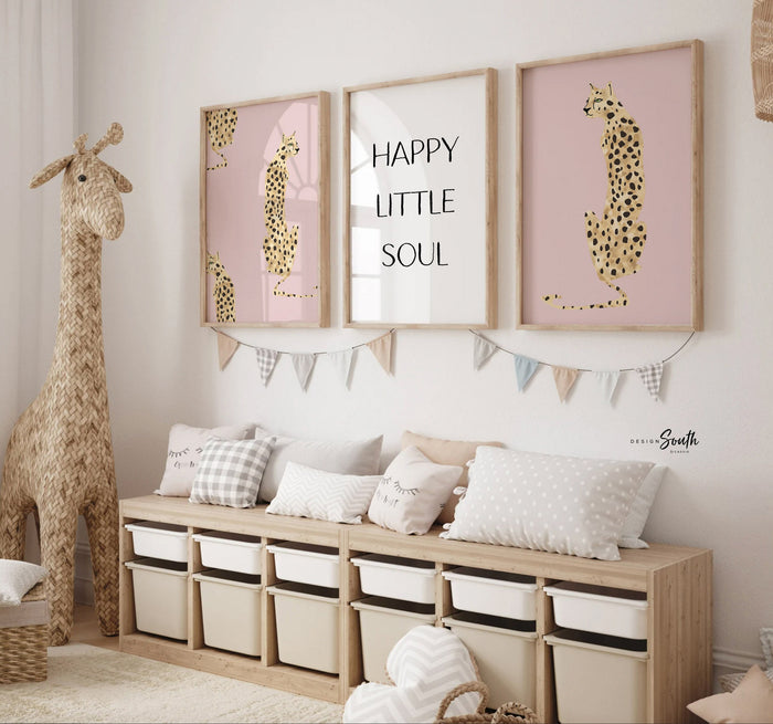 Happy little soul, art print quote happy little soul, cheetah wild modern print set for baby child, pink cheetah print nursery bedroom girls