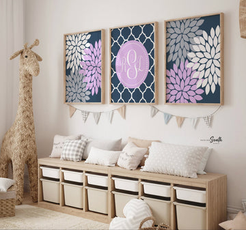 Lavender nursery decor girl, personalized name gift, baby shower gift girl, purple girls room wall art print set, monogram nursery initials