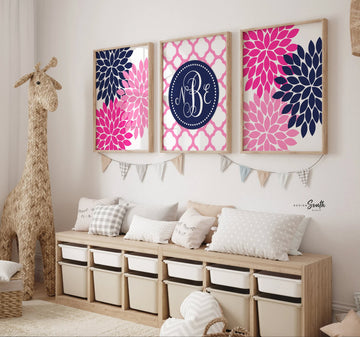 Flower monogram wall decor, girls nursery decor, girls bedroom prints, girls playroom decor, hot pink and navy blue, nursery decor, wall art