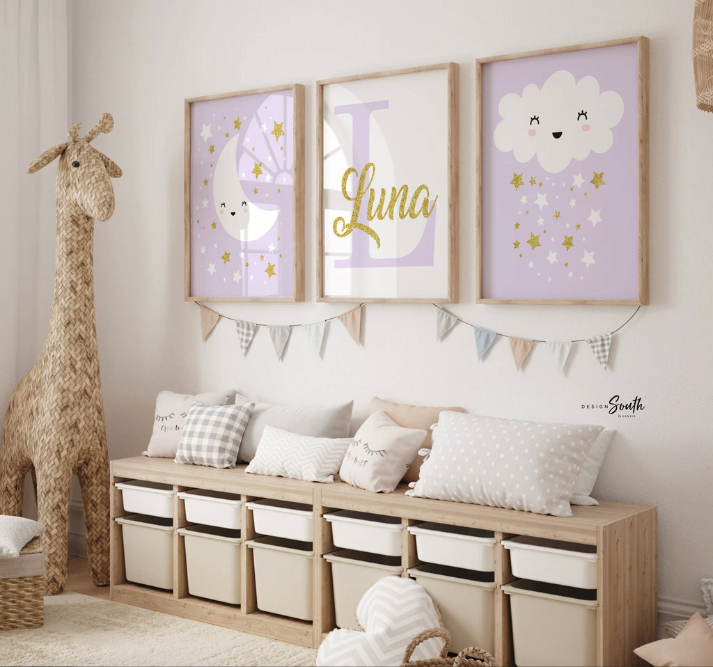 Lilac and gold nursery wall art, personalized name print, lilac name print, custom nursery art, custom name, personalized nursery lilac gold