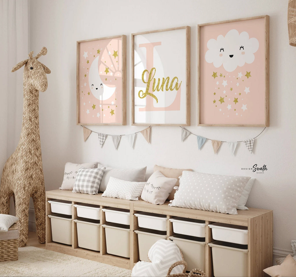 Nude gold sparkle baby girl nursery wall art personalized name, moon stars clouds nursery theme, girl monogram pink, celestial nursery theme