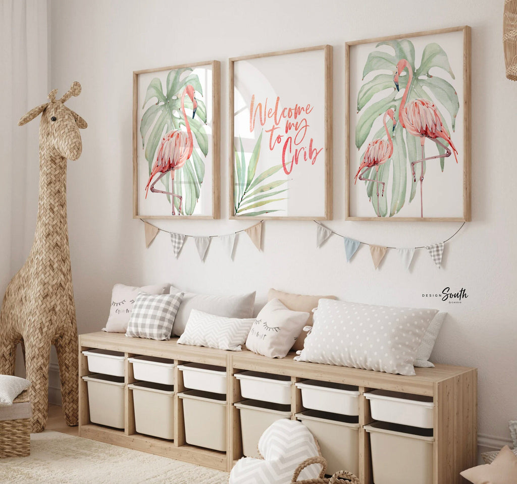 Welcome to my crib print art set, above crib tropical wall, flamingo nursery decor, baby room decor, newborn flamingo nursery pink and green