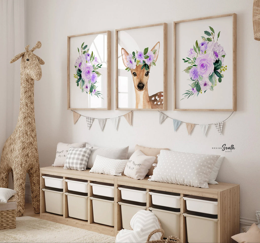 Lilac purple baby deer nursery for girl, fawn nursery art, nursery decor purple fawn, baby girl woodland, purple woodland nursery, baby deer