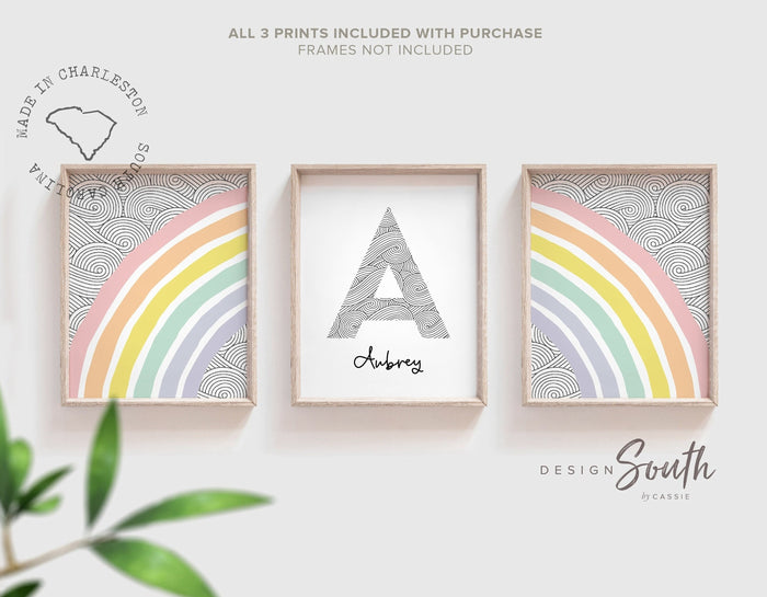 Girl nursery prints, pastel purple pink yellow blue wall art, nursery prints pastel rainbow waves wall art, girl name monogram nursery decor