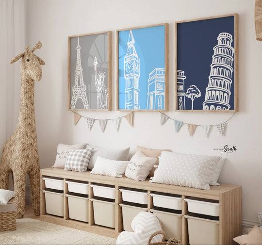 Navy blue travel themed art, paris london new york landmarks decor, leaning tower of pisa, paris eiffel tower art, travel bedroom decor kids