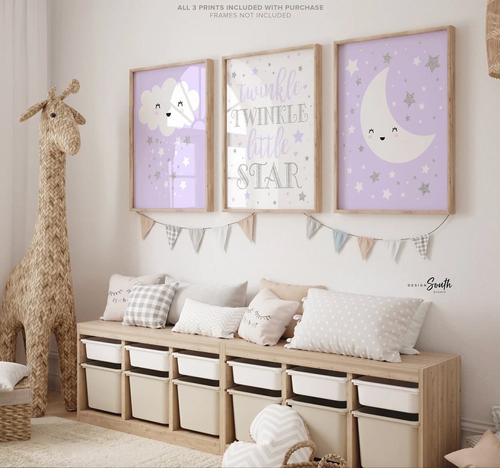 Lilac nursery wall art silver sparkles, twinkle twinkle little star, nursery decor, nursery quote baby print, baby girl nursery decor gift