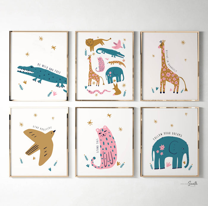 Cute animal art pink teal blue, whimsical animal wall art, safari playful animal theme art prints, decor little girl bedroom wall pink teal
