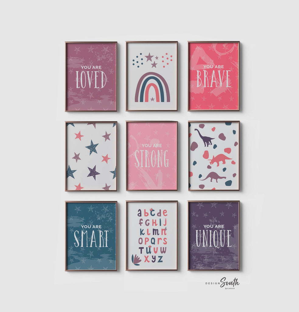 Girls bedroom nursery or playroom wall decor, pink purple dinosaur print set for girls, wall art for girls room, happy inspirational prints