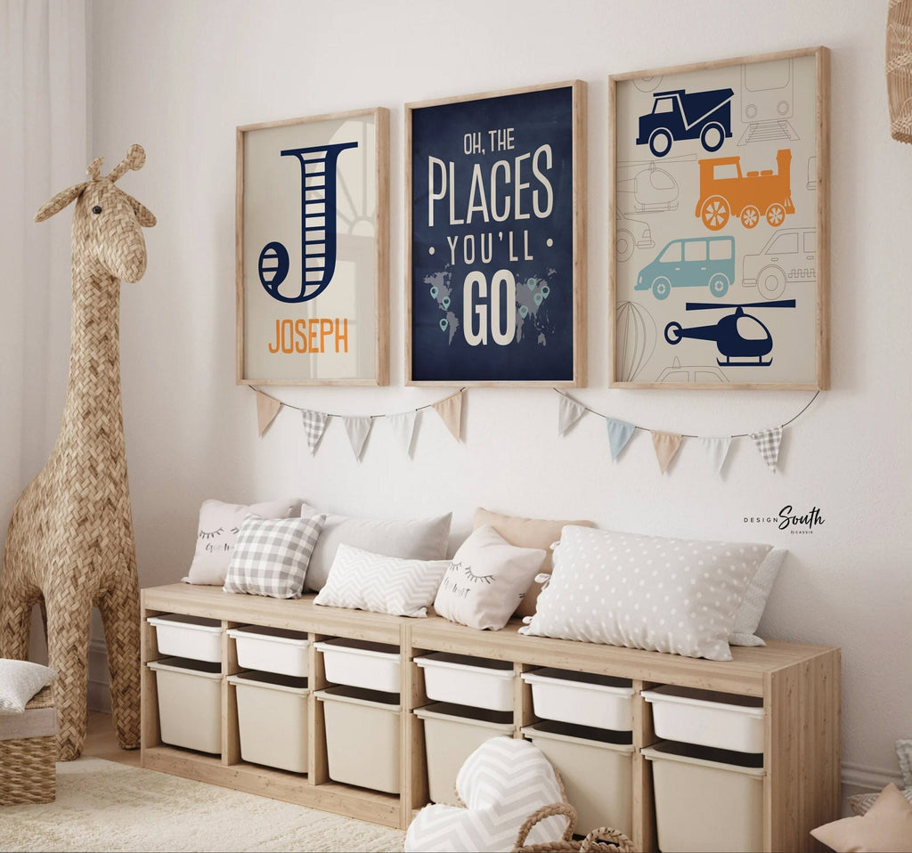 Transportation theme for boys nursery or bedroom, personalized name print for boys, oh the places you'll go, orange, blue, navy, car nursery