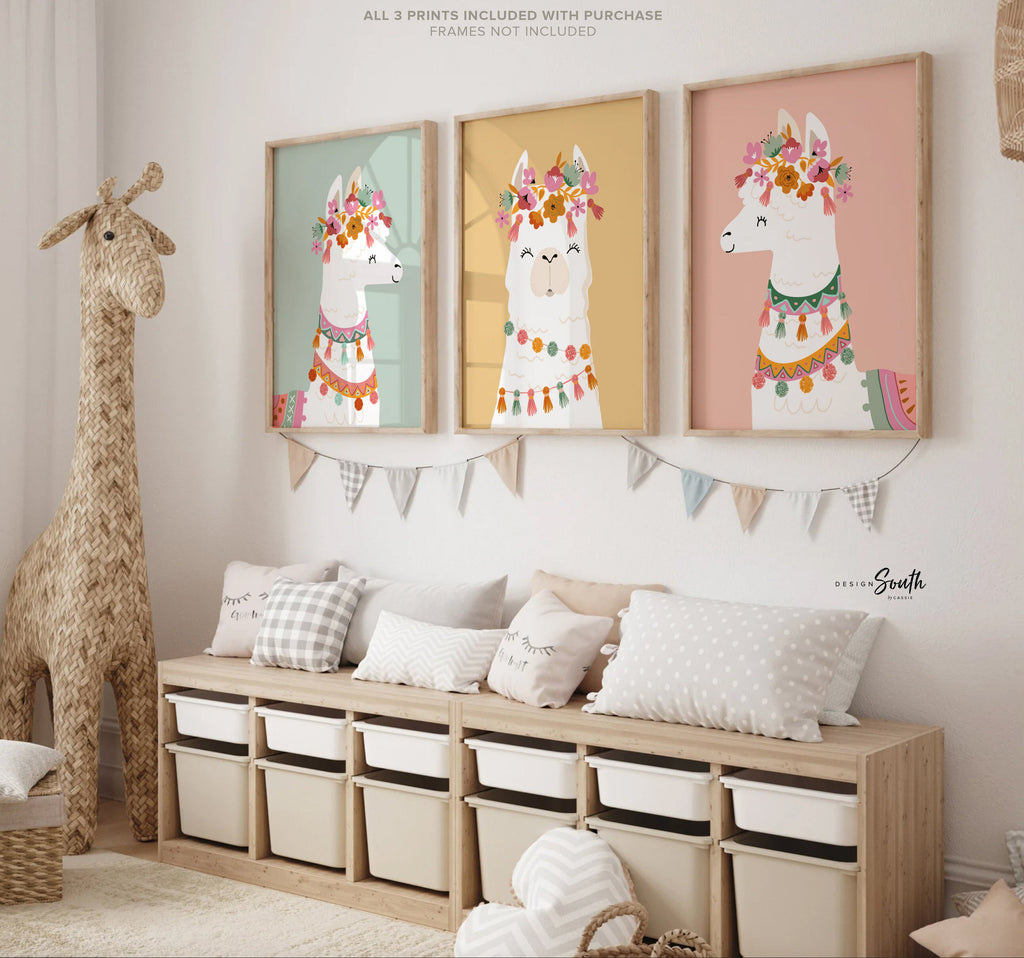 Neutral nursery muted boho colors baby room, elegant neutral girl's wall art, modern boho baby decor llama, nursery alpaca llama theme child