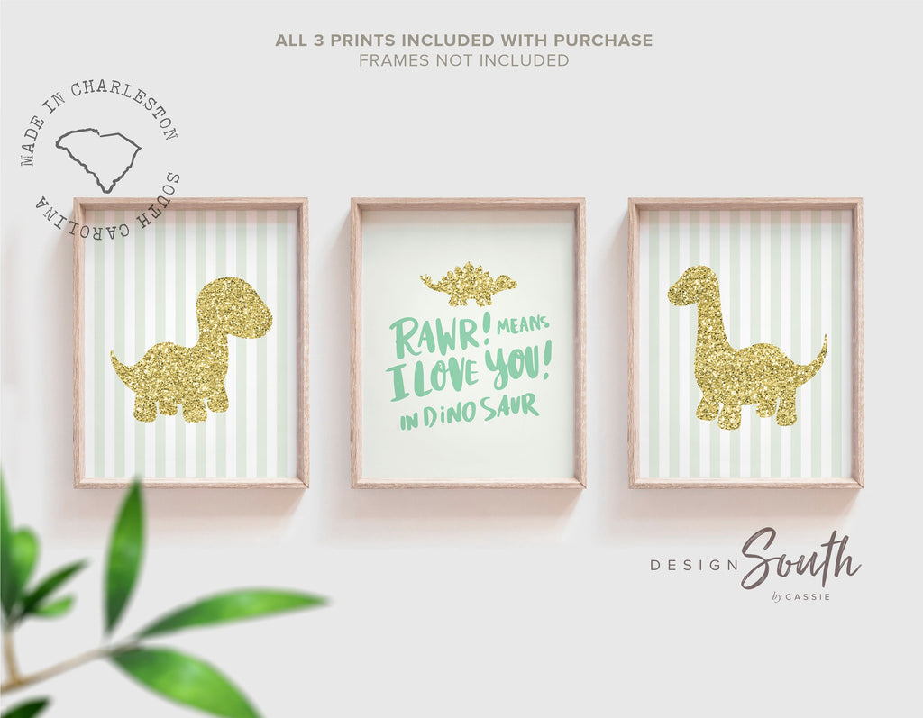 Dinosaur roar means i love you in dinosaur print, light green dinosaur wall decor, light green and gold baby room art, dinosaur nursery set