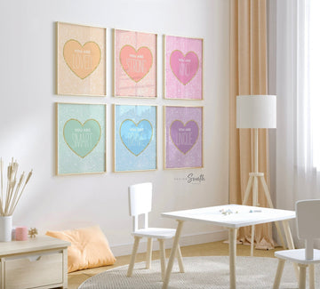 Pastel rainbow heart theme, heart themed wall art for girl bedroom decor, colorful rainbow magical look girl room style, pastel girl nursery