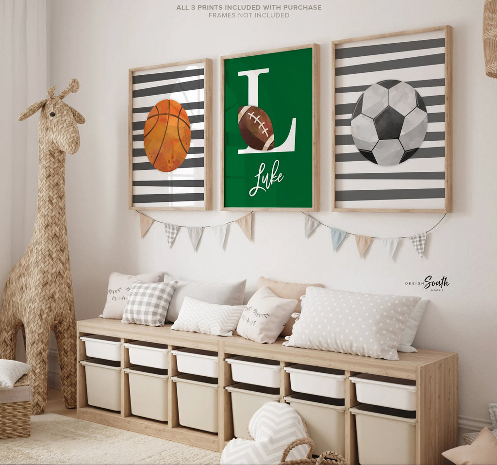 Green gray sports theme, little boys name gift, sports wall art, athlete baby boy gift, artwork above bed sports theme, basketball football