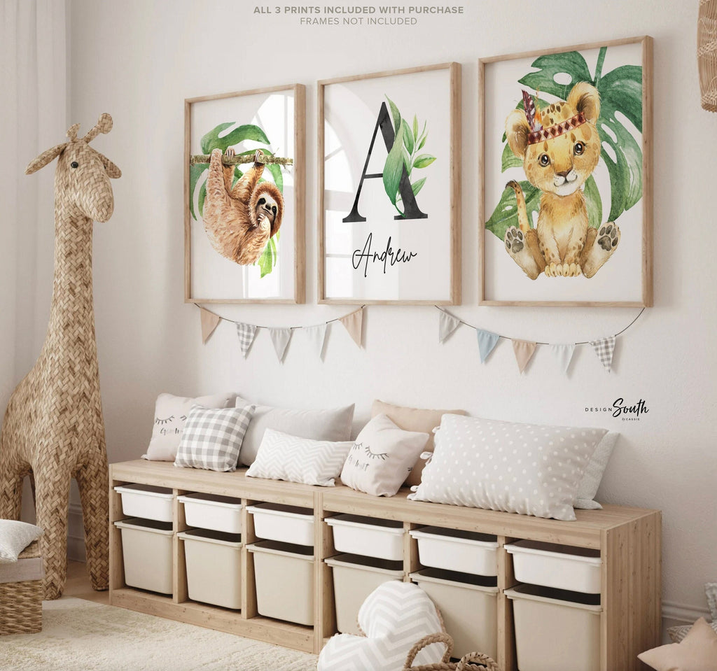 Sloth bedroom wall pictures, nursery decor tropical gender neutral, kid room animals palm leaves, monogram personalized name decor, kid gift