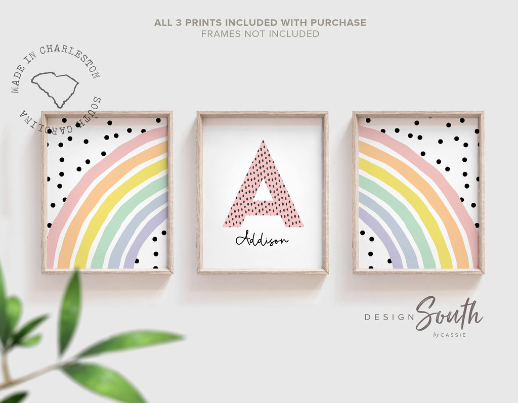 Girls nursery decor, pastel rainbow nursery, monogram playroom decor, girls bedroom prints, pink purple mint yellow girls wall art polka dot