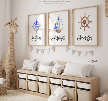 Baby nautical nursery decor, baby nautical gift, blue boy nautical room decor, compass sailboat wooden ship wheel baby room art, sailing art