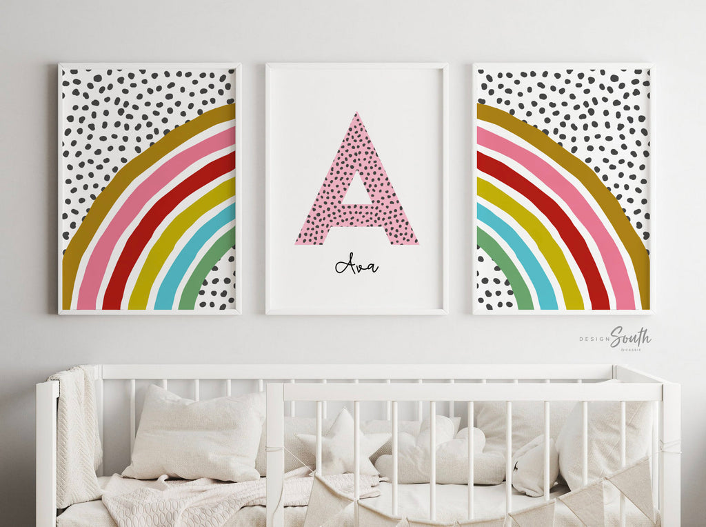 Rainbow nursery monogram art print, baby girl monogram nursery wall art, custom bedroom kid art, rainbow monogram letter, playroom wall art