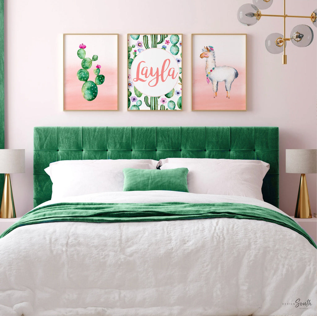 Coral nursery, llama print, boho baby room, ombre baby watercolor art, baby girl gift, personalized girl name art, shower gift, alpaca llama