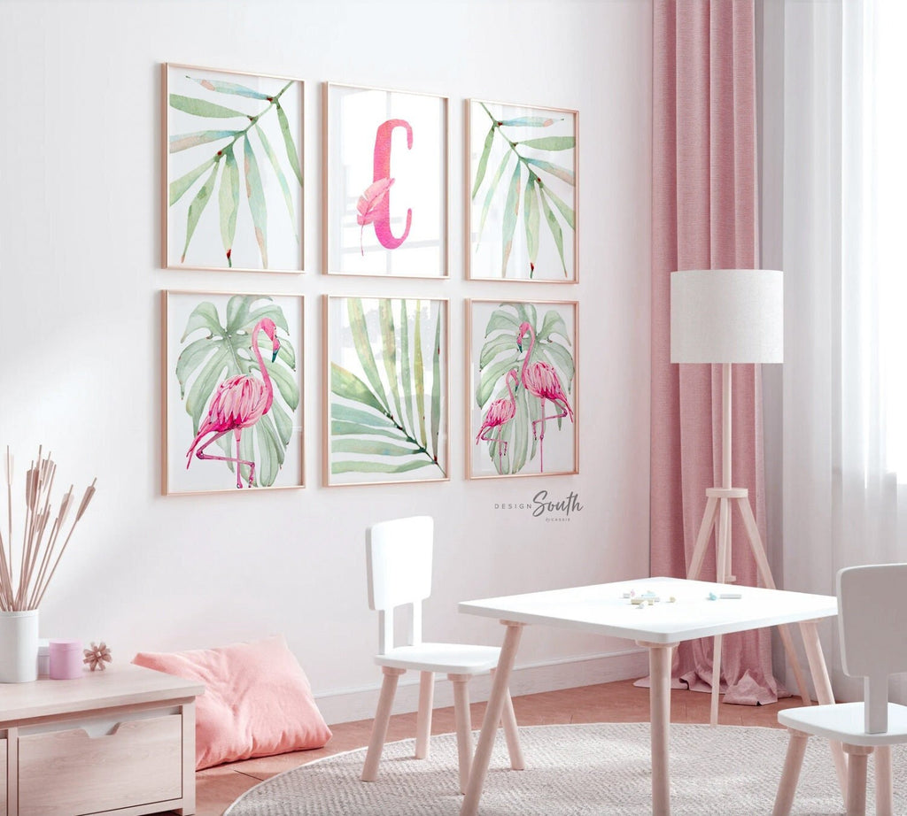 Girls nursery decor, tropical leaf flamingo decor, girls nursery tropical theme, girls bedroom theme, pink tropics nursery flamingo baby art