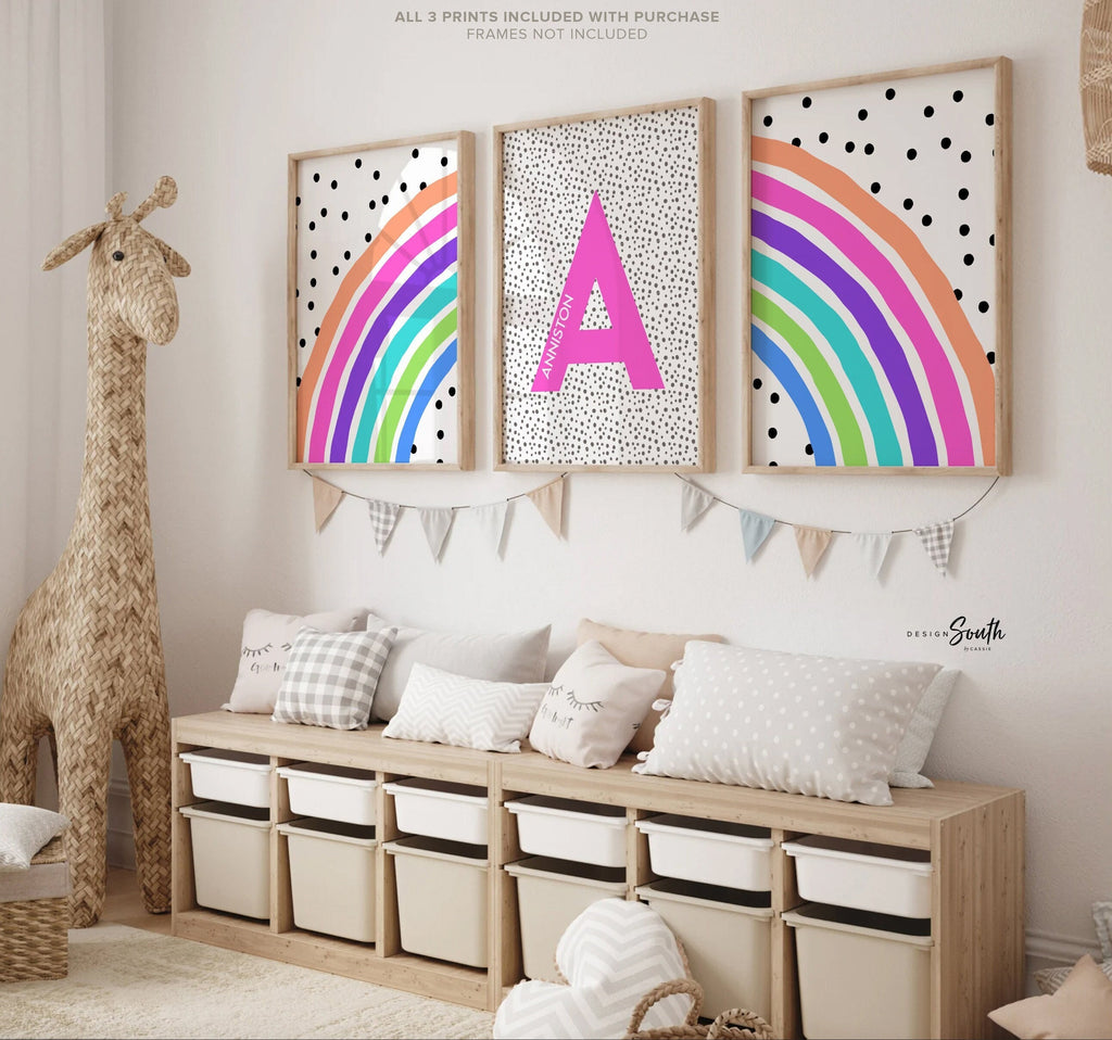 Baby girl gift, m letter, name print for nursery, rainbow print for girls bedroom, monogram baby girl, baby shower gift for girl, bright art