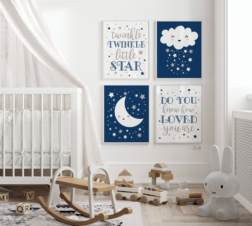 Moon stars nursery, celestial nursery boy, navy blue gray, moon stars & clouds, baby boy art, star moon baby decor, celestial art wall decor