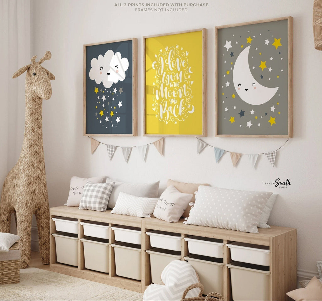 Navy blue and yellow boys nursery wall art, navy blue yellow and gray, i love you to the moon, star nursery, cloud nursery, yellow navy boy