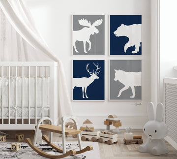 Woodland wall art navy blue gray, boy&#39;s bedroom, boy&#39;s nursery decor, forest animals, boy&#39;s woodland nursery, bear deer moose wolf boy&#39;s art