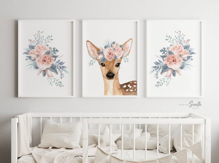 Blush dusty blue fawn deer nursery for girl, fawn nursery art, nursery decor pink fawn, baby girl woodland, pink woodland nursery, baby deer