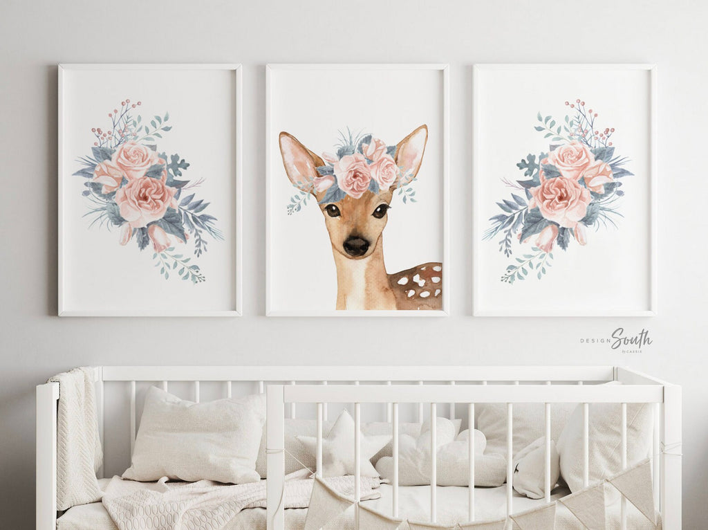Blush dusty blue fawn deer nursery for girl, fawn nursery art, nursery decor pink fawn, baby girl woodland, pink woodland nursery, baby deer