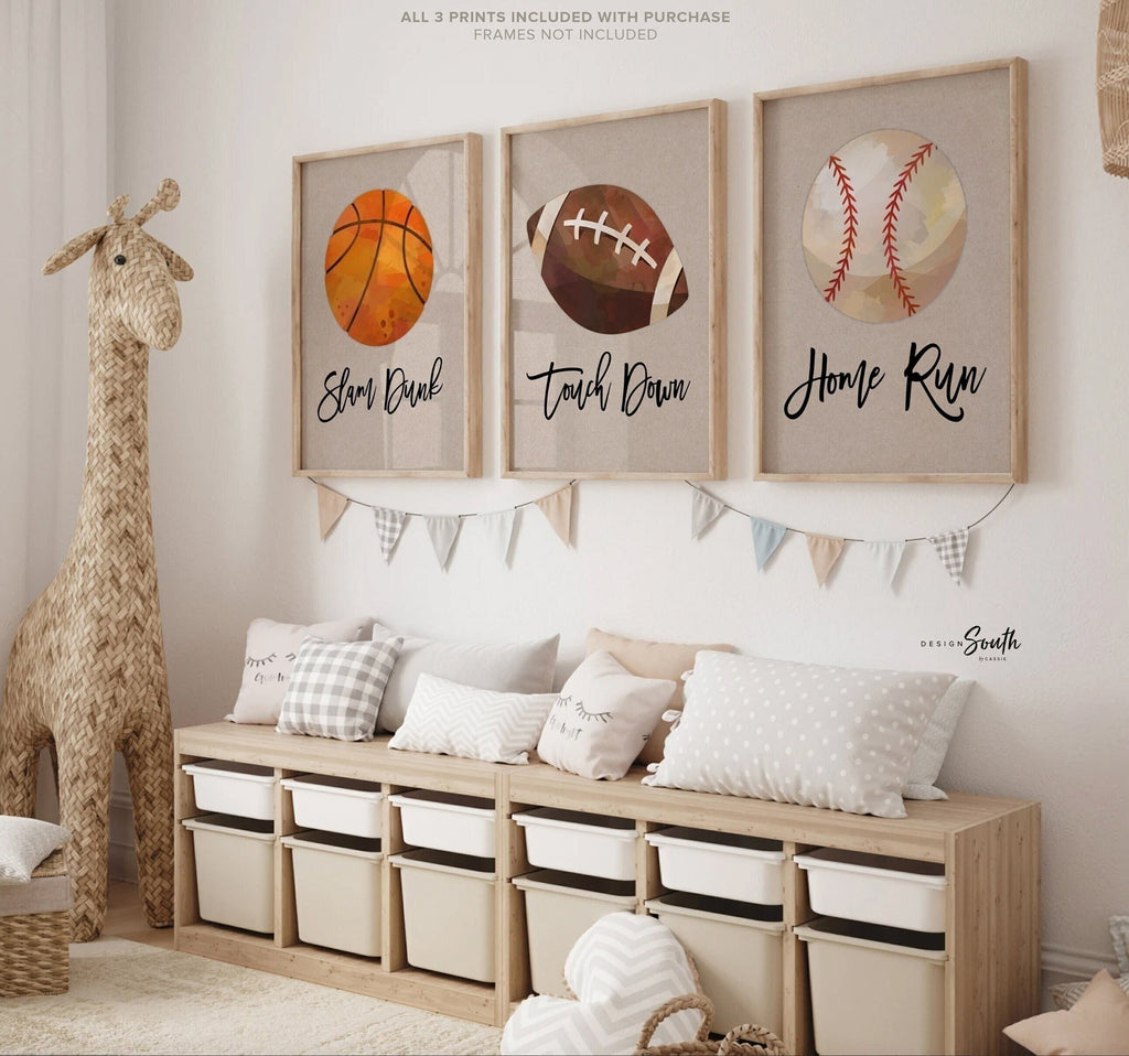 Sports baby gift, sports nursery wall art decor, basketball slam dunk art print, football touch down art print, baseball home run art print