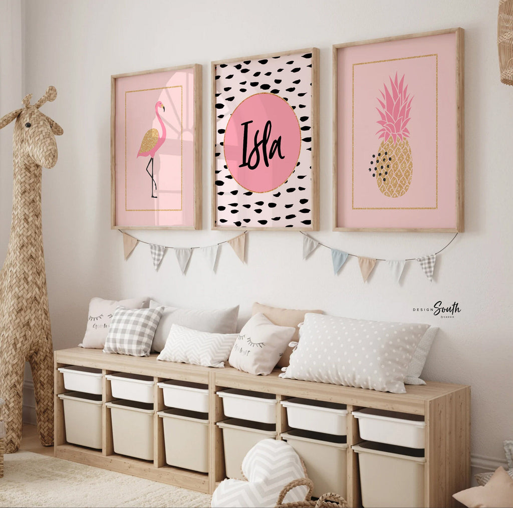 Tropical flamingo wall art, flamingo pictures pink tropical prints, baby nursery pink gold tropical, artwork above crib tropical pineapple