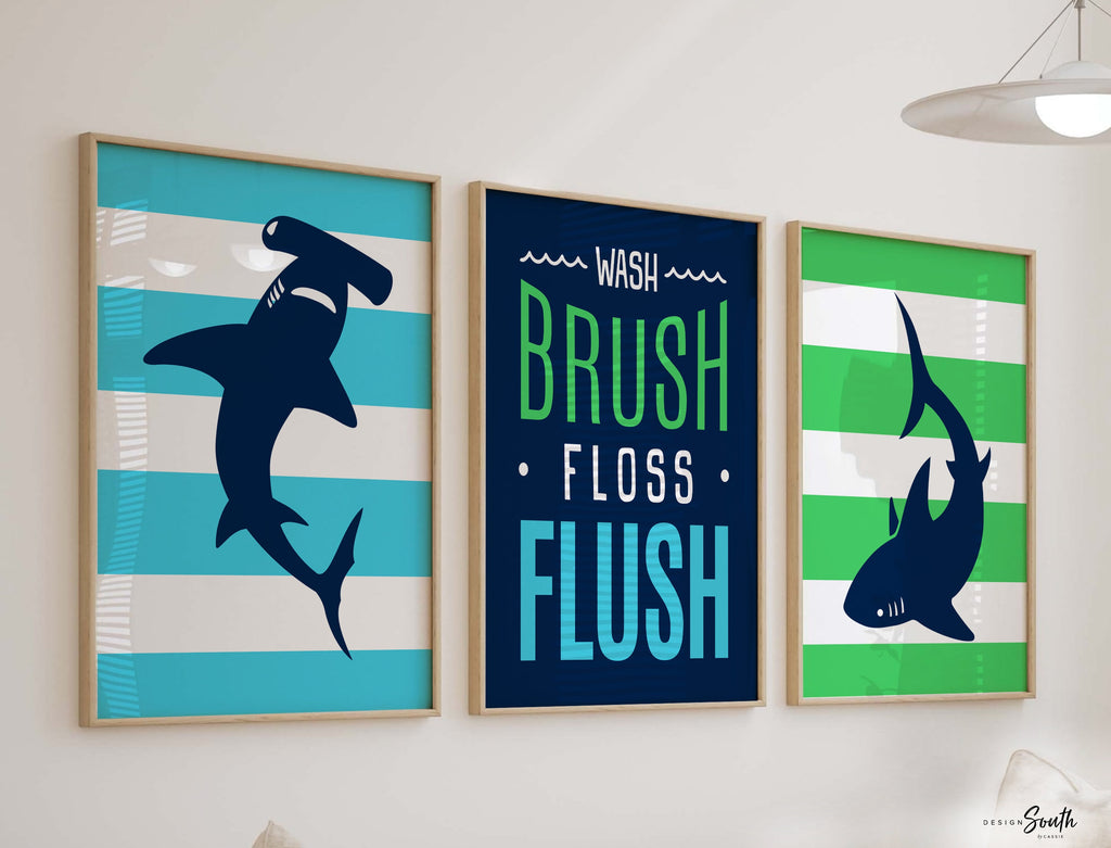 Boys bathroom decor, boys shark bathroom, blue green bathroom decor, wash brush, great white shark, bathroom prints boy, sharks, shark theme