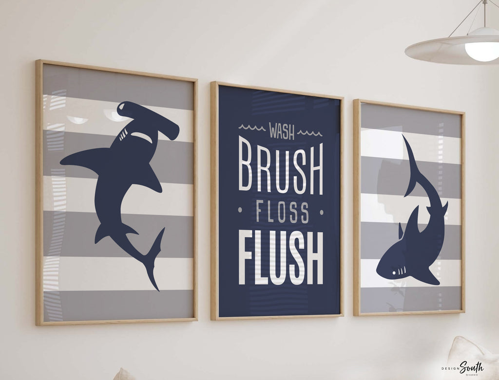 Boys gray and navy blue shark bathroom, kids bathroom sharks, boys nautical bathroom, wall shark prints for boys, ideas for toddler bathroom