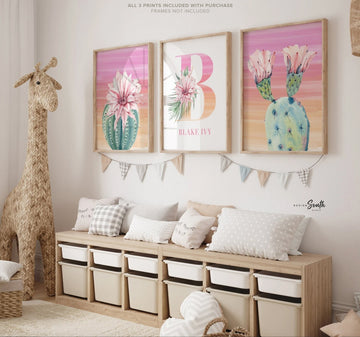 Summer palm desert tropical nursery kid, chic desert cactus baby room, pink orange desert themed room, girls name initial cactus blooms art