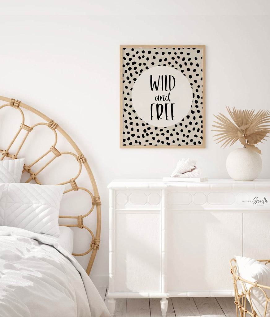 Wild and free, art print poster wild & free, baby cheetah print tan beige, dot speckle pattern art nursery, modern nursery idea wild print