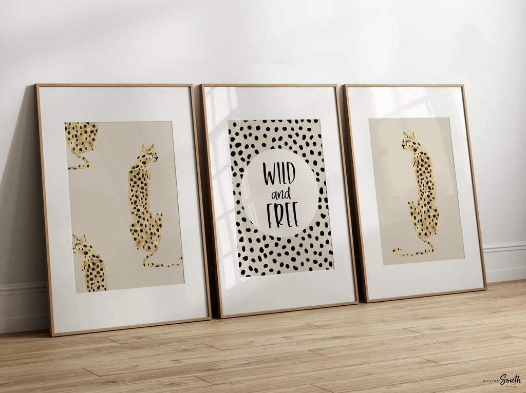 Wild and free, art print poster wild & free, baby cheetah print tan beige, dot speckle pattern art nursery, modern nursery idea wild print