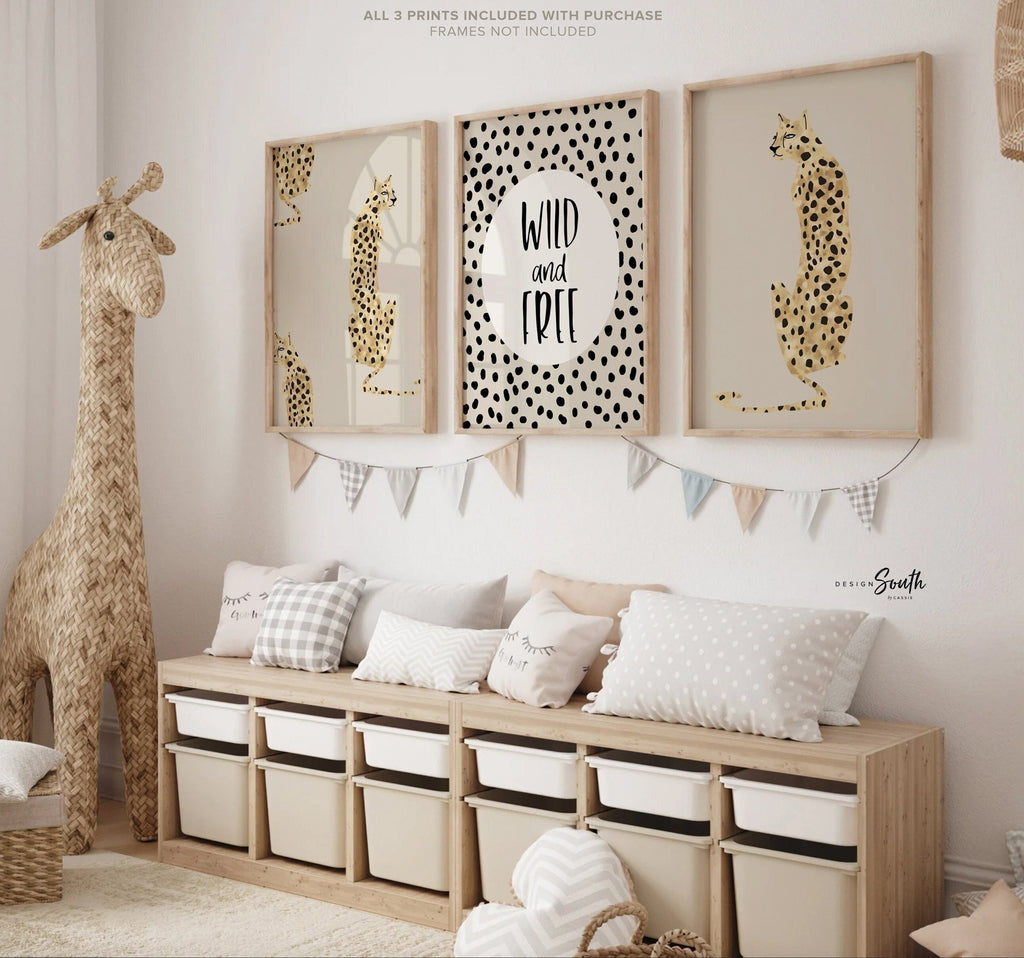 Wild and free, art print poster wild & free, baby cheetah print tan beige, dot speckle pattern art nursery, modern nursery idea wild print