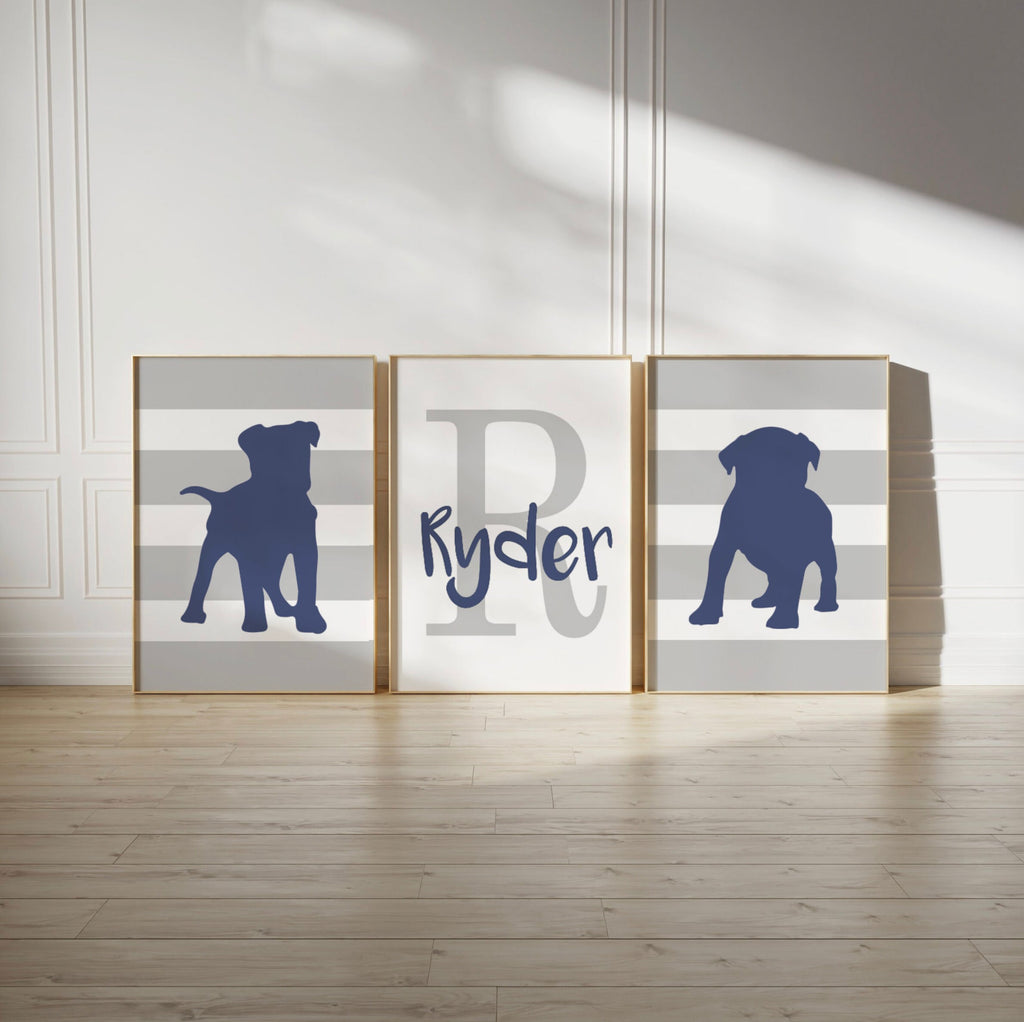 Pitbull nursery, pitbull puppy dog nursery art, baby boy dogs navy blue and gray wall art set, blue puppy art for boys, puppy nursery decor