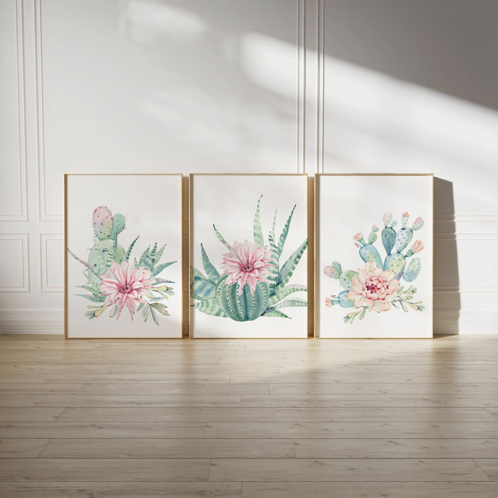 Prints for girls, succulent nursery decor, pink and mint baby girl wall art, cactus blooms theme nursery, desert succulent baby shower gift