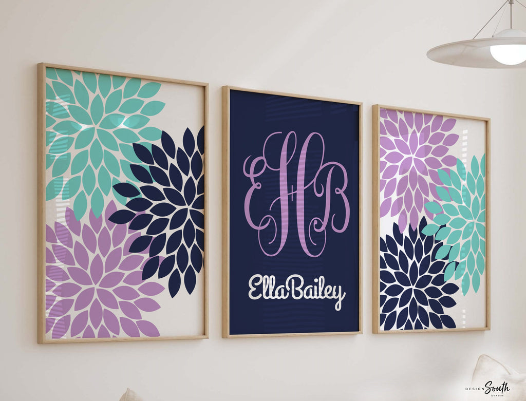 Purple navy and aqua nursery wall art, personalized nursery decor, purple aqua nursery, monogram decor, purple aqua girls bedroom wall art