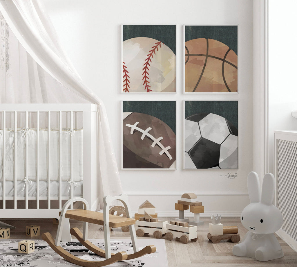 Rustic industrial kids room sports decor, modern sports nursery art set, industrial kids playroom decor, gift for boy sports theme, kid room