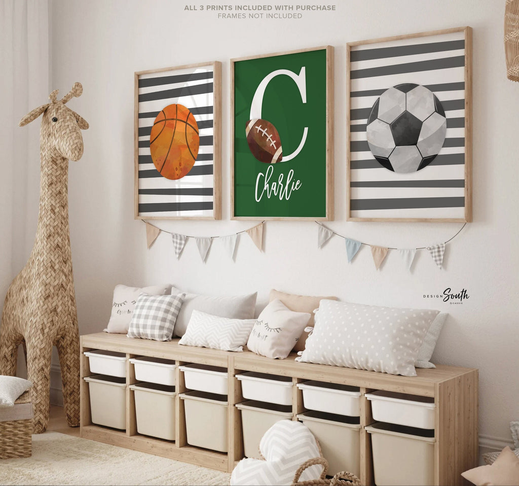 Green gray sports theme, little boys name gift, sports wall art, athlete baby boy gift, artwork above bed sports theme, basketball football