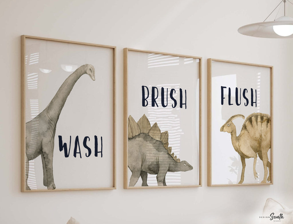 Kids neutral gray tan bathroom dinosaur themed, dinosaur kids bathroom, wash brush flush, boys bathroom prints, boys dinosaur bathroom decor