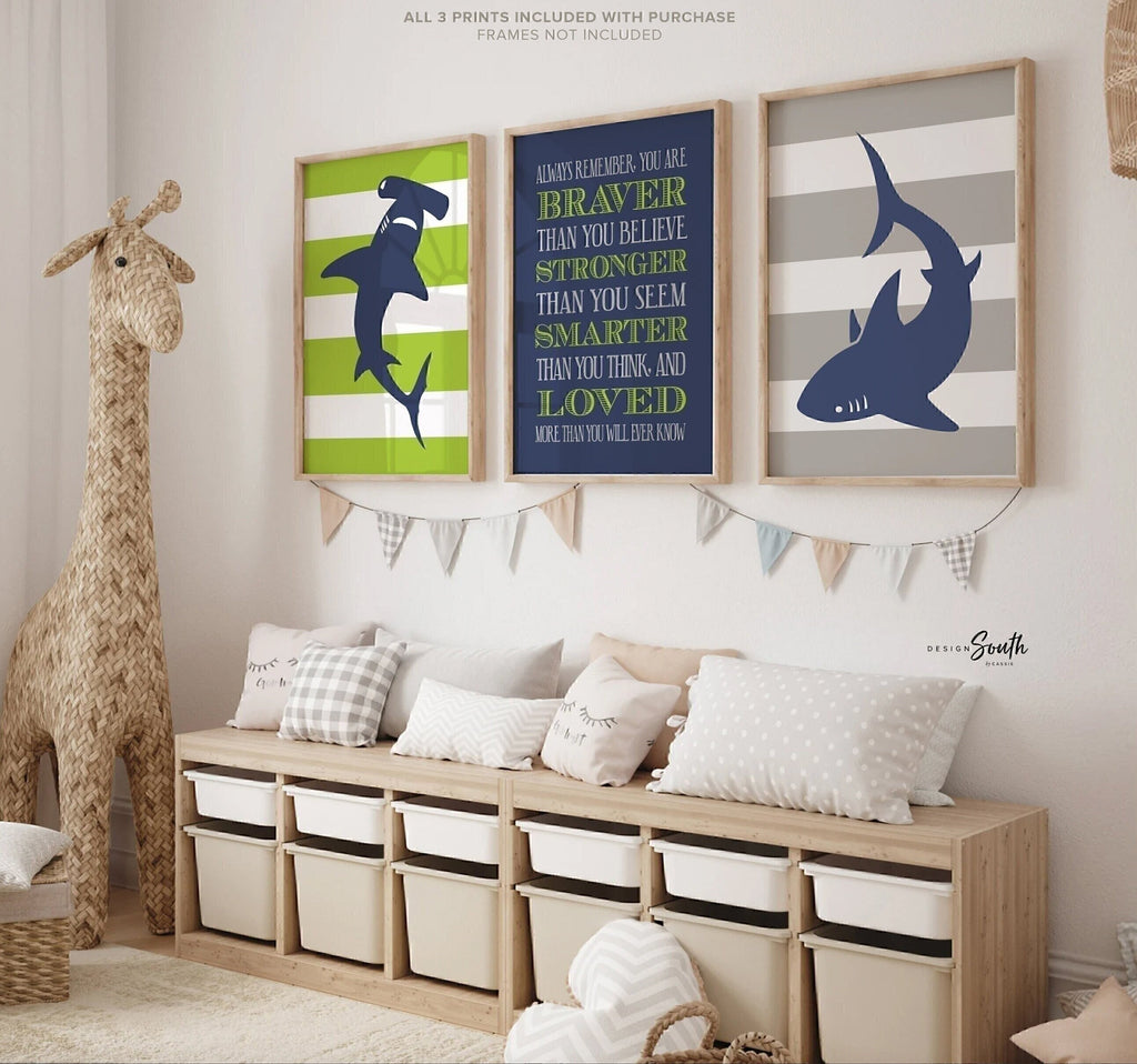 Shark boys room navy blue gray and green, braver smarter stronger boys inspirational quote, toddler shark themed room art, decor little boy